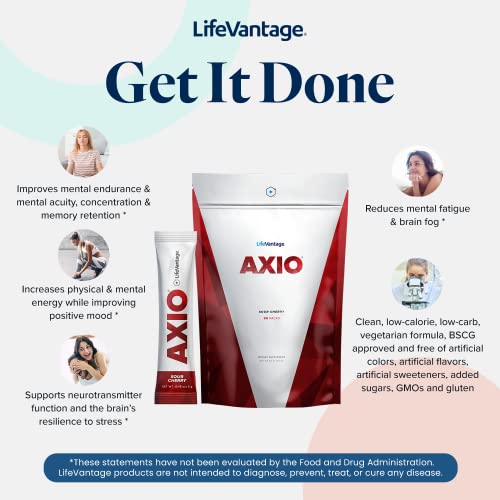 Image of LifeVantage AXIO Regular Energy Drink Powder, Nootropic Supplement, Focus & Mood Support, with L-theanine, Green Tea, B Vitamins, DMAE, Quercetin & Pine Bark, Sour Cherry, 30 Packets