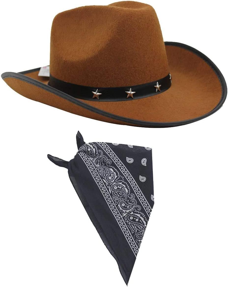 Adults Cowboy Accessory Set - Pack of 12 - Brown Star Studded Cowboy Hat and Navy Blue Paisley Bandana - Wild West Western Sheriff Fancy Dress Costume Accessory Set