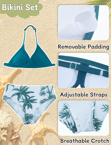 Image of Happy Cherry Girl's 4PCS Swimsuits Tropical Print Halter Bikini Set Bathing Suits with Kimono and Cover Up Pant Boho Swimwear