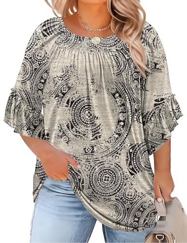 Image of Micoson Womens Plus Size Tops 3 /4 Ruffle Sleeve Crewneck Pleated Shirts