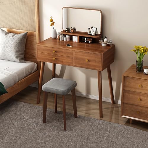 Moderno juego de tocador con taburete tapizado con espejo y 3 cajones para dormitorio, elegante mesa de maquillaje y tocador para espacios elegantes