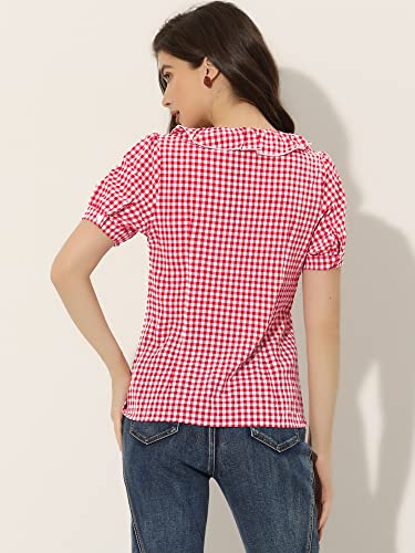 Allegra K Plaid Blouse for Women's Puff Sleeve Ruffle Peter Pan Collar Shirt Top3