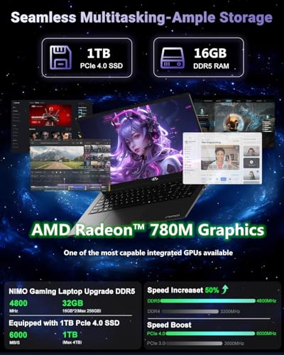 Image of 17.3 inch IPS FHD Gaming Laptop, AMD Ryzen 7 8745HS 16GB DDR5 RAM 1TB SSD (Beat R9 6900HX, up to 4.9GHz) Radeon 780M Graphics Business Computer with 100W Type-C, Fingerprint USB-C 4.0 Win11 Black