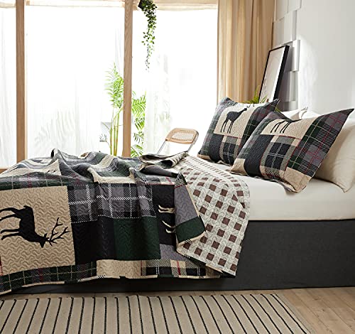 Minchi Lodge Quilt Set Twin Size Plaid Patchwork Rustic Cabin Bedding Moose Deer Printed Beige Gingham Grid Bedspread Coverlet Soft Lightweight Reversible All Season Bed Sheet, 1 Quilt 2 Pillow Shams #TOP2