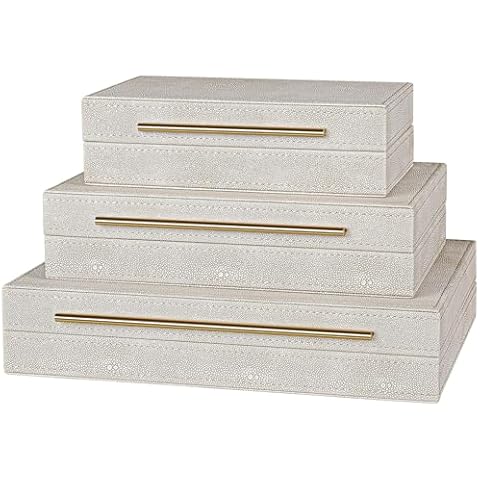 Elegant Set of 3 Ivory Shagreen Decorative Boxes with Velvet Lining and Golden Handles - Versatile Home Decor and Jewelry Organizer Cover