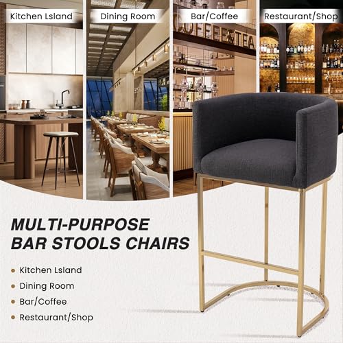 Image of HNY Modern Barrel Counter Height Clearance Bar Stools Set of 2, 32 Inch Linen Kitchen Barstools with Back for Island, with Gold Metal Tubular Frame, Charcoal