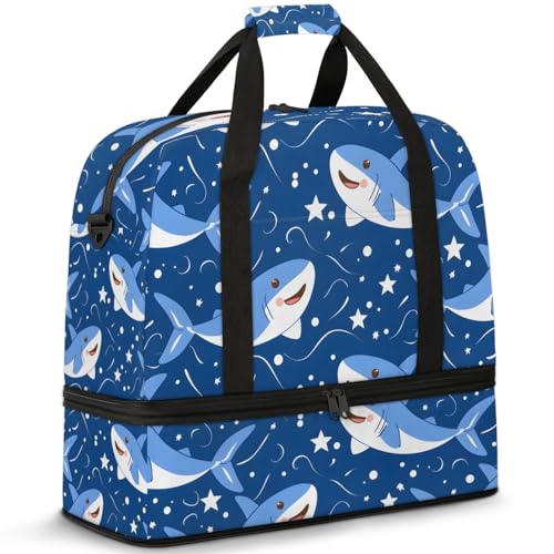 Large Weekender Overnight Bags Cute Cartoon Shark Travel Duffel Bag for Women Men Gym Bag With Shoe Compartment Foldie Travel Tote Bag Carry On Personal Item Bag for Travel Gym Sports