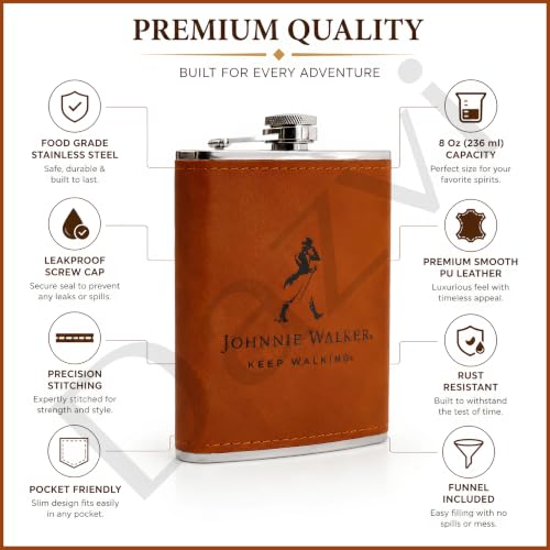 Image of Stainless Steel Hip Flask for Men & Women 8oz (236ml) - Whisky Flask Vodka Alcoholic Liquor Holder with Funnel Drinks Pocket Carrying Case - Leakproof Travel Flasks for Drinks, (Brown JW)