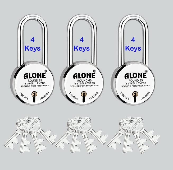 FITHOMEAlone 65mm Round Lock | Long Shackle | Double Locking | 8 Steel Levers 12 Keys | Lock and Keys for Home Door Gate Shop | Shutter Lock | Door Lock | Made in India | Chrome Finish (Pack of 1)