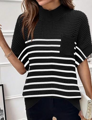 Image of Women 2026 Sweater Vest Mock Neck Batwing Short Sleeve Oversized Ribbed Knit Tops Fall Pullover Sweater S-XXL