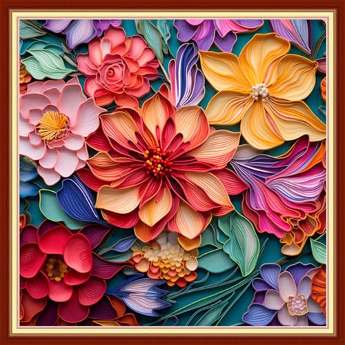 Image of Disxvivy Cross Stitch Stamped Full Embroidery Kits DIY 11CT Cotton Thread Printed DIY Needlepoint Kits Craft Needlework Set Cross-Stitch Stamped Sets-Colorful Flowers 18x18 inch