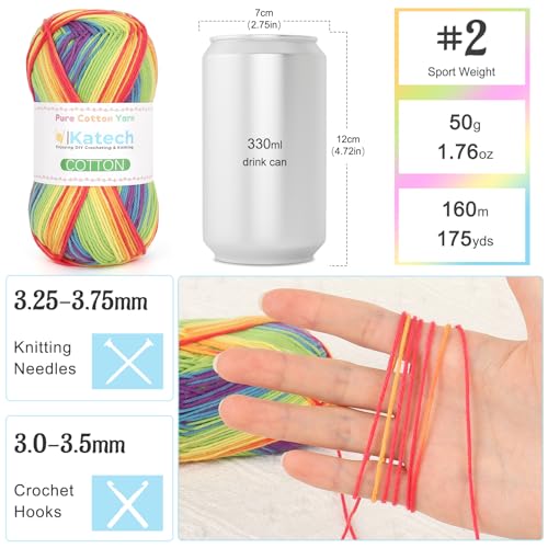 Image of Katech 1OO% Rainbow Cotton Yarn for Crocheting - 2 Sport Weight Baby Yarn for Knitting, 6 Pcs of 50g(1.76oz) /160m(175yd), Fine Soft Multicolor Yarns for Baby Blankets, Afghans, Shawls, Dress, Hats (C)