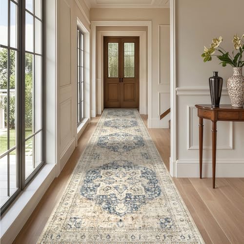 Tortania Area Rug 3x20 Runner Rugs - Washable Vintage Oriental Farmhouse Thin Indoor Carpet for Living Room Bedroom Hallway Entryway Kitchen Under Dining Table Home Office - Cream/Blue