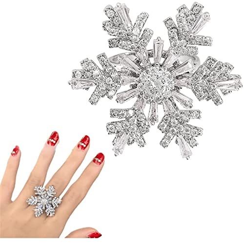 HYZSM Diamond Delicate Snowflake Rotating Ring,Winter Snowflake Sparkle Ring,Adjustable Open Fidget-Rings for Stress Relief,for Women Girl Jewelry (White) Cover