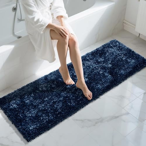 Image of Yimobra Long Bathroom Rugs Runner 70x24 Inch, Extra Thick Soft Absorbent Chenille Bath Mat, Non Slip Machine Washable, Quick Dry Bath Rugs for Bathroom Floor, Tub and Shower, Peacock Blue