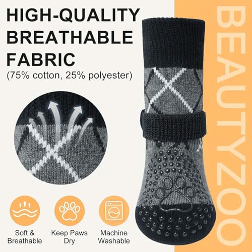 BEAUTYZOO Hundesocken Anti Rutsch, Doppelseitige Hundesocken Leckschutz mit Klettverschluss Riemen für Innenbereich Pfotenschutz für Hunde, Schuhe für Kleine, Mittlere und Große Hunde, 6er-Set