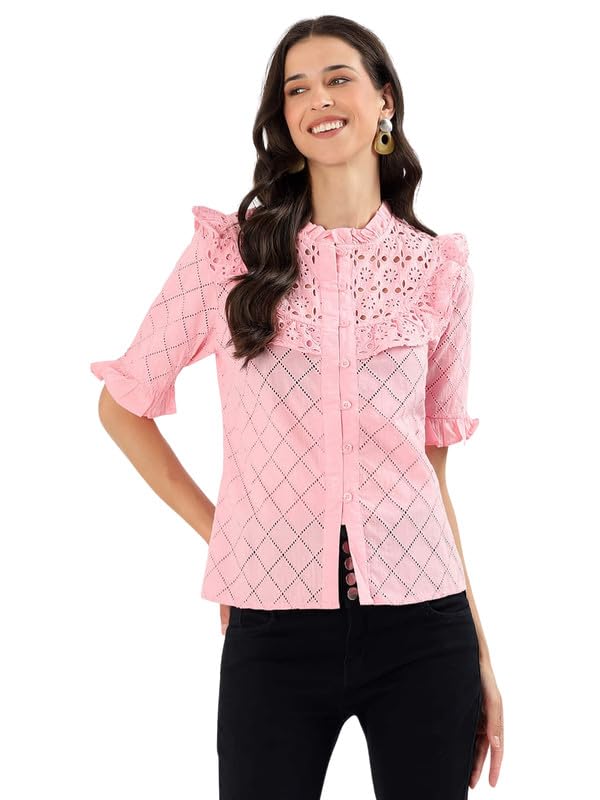 Women’s Pink Embroidered Cutwork Top with Frill Neck | 100% Cotton | Half Sleeve | Regular Fit | Button-Down Summer Casual & Office Wear-image-31