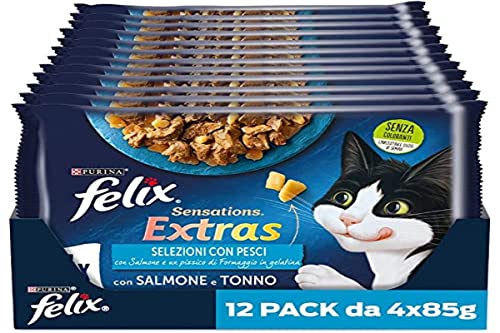 Purina Felix Sensations Extras Nourriture Humide pour Chats avec Saumon et Un pincement de Fromage, avec Thon et Un pincement de Fromage, 48 sachets de 85 g...