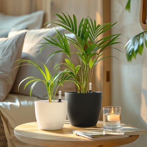 T4U 15CM Self Watering Plant Pots, Plastic Plant Pots Pack of 4, Self Watering Planter with Water Level Indicator, White Plant Pots Indoor Outdoor, Indoor Plant Pots for House Plants Flower Herb