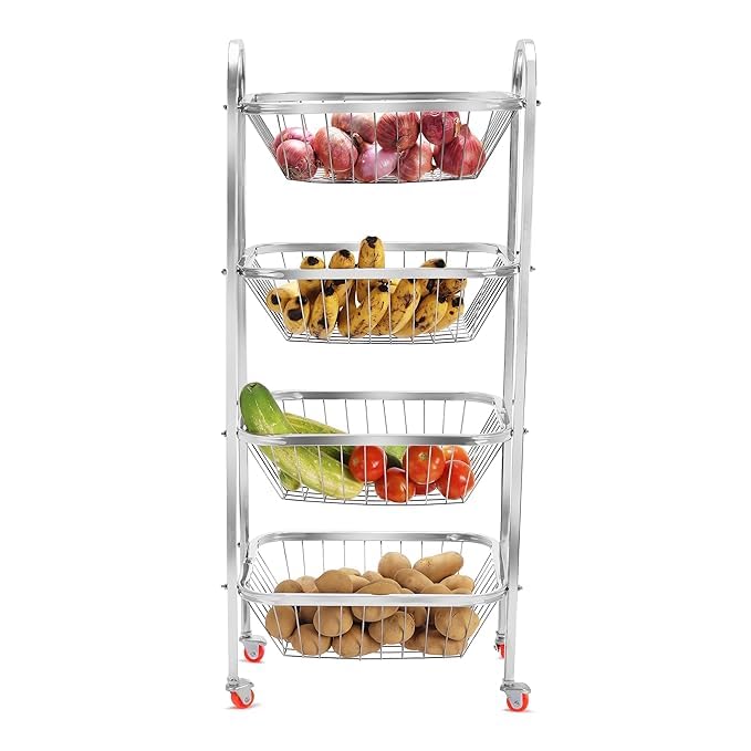 Image of Stainless Steel Modern 4 Tier Kitchen Storage Trolley with Wheels Folding Perforated Design Trolley Spice Fruits and Vegetable Onion Potato Organizer Stand Kitchen Trolley