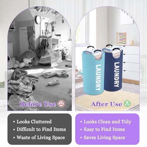 Image of 2Pcs Foldable Laundry Basket with Handles, 95L Large Clothes Hampers for Men, Tall Laundry Bin Stand Up Well, Portable Storage Basket for Family, Flat, Blue + Navy Blue