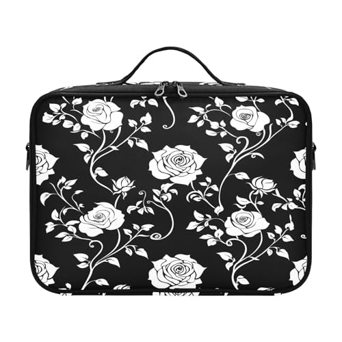 zyrtty Travel Makeup Train Case Rose Flower Black White Pattern Cosmetic Organizer Portable Storage Bag with Adjustable Dividers for Cosmetics Brushes Toiletry Jewelry Digital Accessories