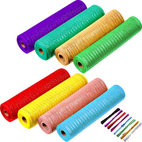 8 Rolls of Poly Mesh Ribbon with Metallic Foil Accents for Decorative Crafts