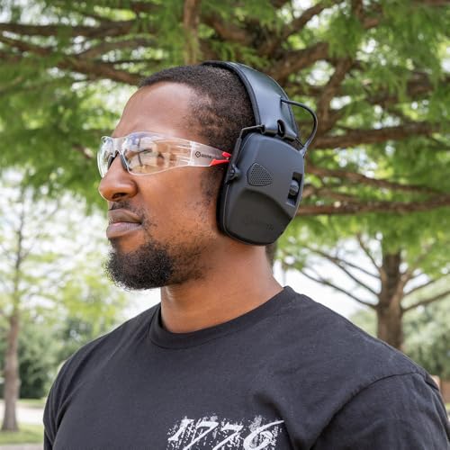 GRITR Electronic Hearing Protection w/EVA Case - Ear Muffs for Noise Reduction w/ 5X Sound Amplification - Personal Protective Equipment & Safety Gear for Shooting, Hunting, Industrial Work, Black