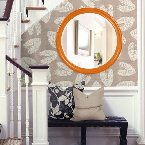 Image of Howard Elliott Collection George Round Glossy Orange Wall Mirror, Bevelled Vintage Hanging Wood Framed Vanity Mirrors for Home Decor, Living Room, Bathroom, Bedroom, or Hallway, 36 Inch Round