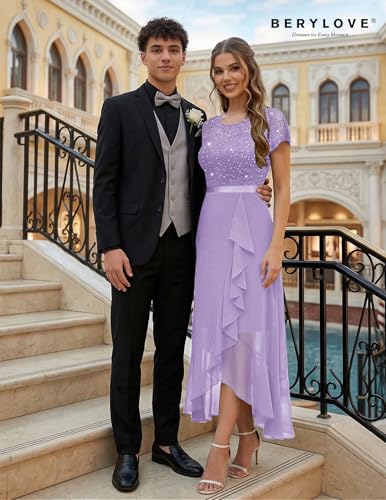 Image of BeryLove Formal Long Dresses for Women Wedding Guest Cocktail Bridesmaid | Airy Lace & Chiffon Evening Gown, Flutter Sleeve, Ideal for Mother of the Bride, Prom, Homecoming Party & Semi-Formal Events
