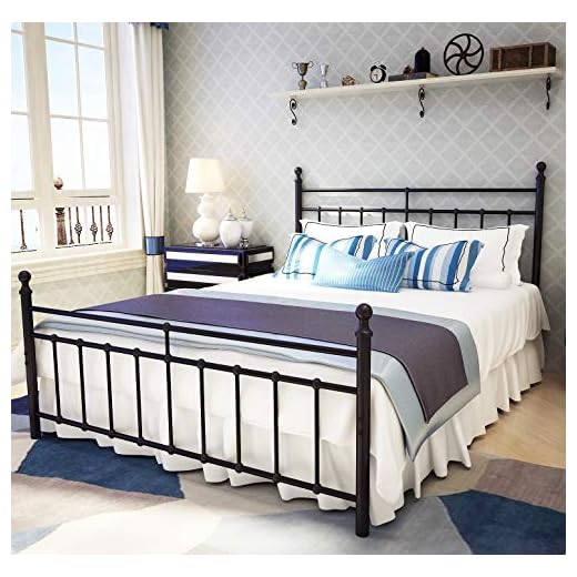 Metal Bed Frame Queen Size with Vintage Headboard and Footboard Platform Base Wrought Iron Bed Frame Black