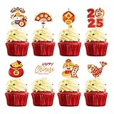 48 PCS Chinese Happy New Year Cupcake Toppers, 2025 Lunar Snake New Year Cupcake Topper for Cake Cupcake Decor 2025 Chinese New Years Party Supplies