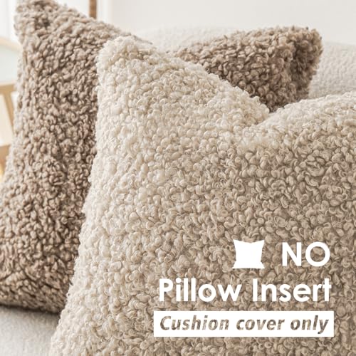 Image of Foindtower 2 Pieces 20x20 Inch Light Khaki, Faux Fur Throw Pillow Cover Accent Sherpa Pillow Fuzzy Soft Pillowcases Sheepskin Decorative Fleece Cushion Case for Bed Couch Living Room
