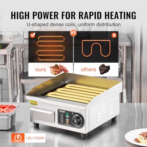 Image of VEVOR Commercial Electric Griddle, 1700W Countertop Flat Top Grill, 14in Stainless Steel Griddle Grill with 2 Shovels and 2 Brushes for Home or Restaurant, 122℉-572 ℉ Adjustable Temp