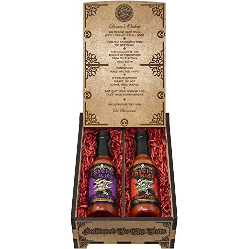 Psycho Juice Dark Arts Collection Geschenkbox aus Holz, 70 % Ghost Pepper, 70 % Scorpion Chilisauce, 148 ml, Hot Sauce Cover
