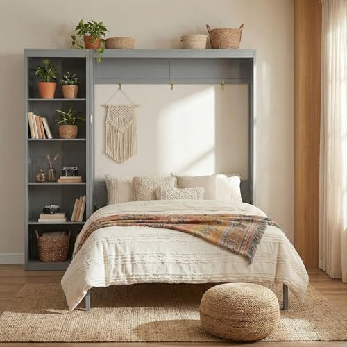 Image of Merax Space-Saving Gray Murphy Bed Queen Size with Adjustable Storage Shelves, Multifunctional Foldable Wall Bed for Small Spaces Studio Study Office Guest Room