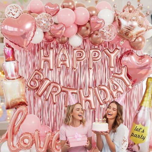 Image of Piece Rose Gold Birthday Decorations for Women 96pcs, Pink Balloons birthday decorations with Happy Birthday Banner, Rose Gold Foil Fringe Curtains for Valentines Wedding Romantic Party Decor