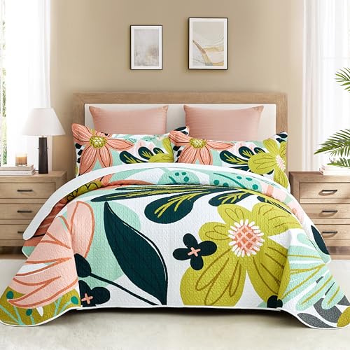 Image of Tyrot 3 Piece Boho Floral King Size Quilt Sets Farmhouse Reversible Lightweight Bedspread Coverlet with 2 Shams Mid Century Botanical Leaves Microfiber Bedding Quilts Set for All Season, 106''x96''