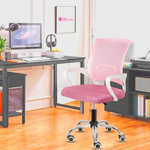 Image of Casa Copenhagen Mesh Mid Back Office /Study /Computer /Revolving /Desk Chair for Work from Home -Metal Base, Height Adjustable Seat- Pink & White Handle