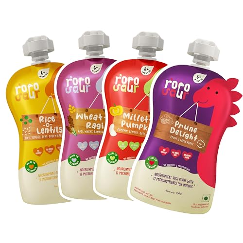 Image of Rorosaur Tummy Friendly Baby Food Puree Combo (4 Pouches X 100g each) | Prune Delight, Wheaty Ragi, Rice-O-Lentils & Millety Pumpkin| 6+ Months | Ready-to-Eat |No Added Sugar, No Salt, No Preservatives