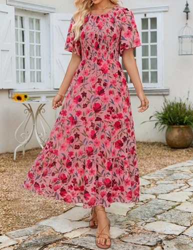 Image of ZESICA Women's 2026 Summer Boho Floral Maxi Dresses Casual Short Flutter Sleeve Smocked Tiered Flowy Dress