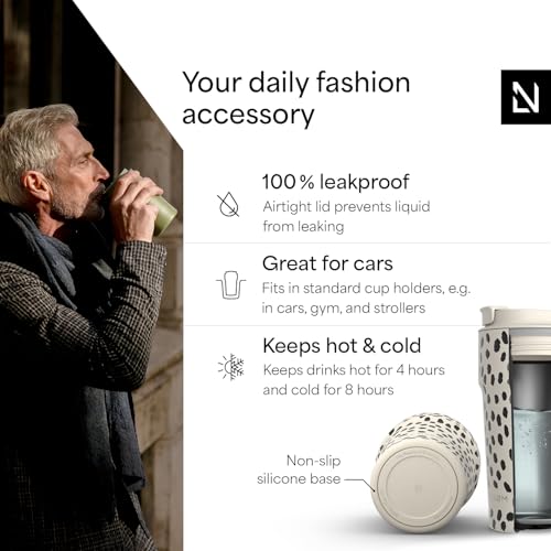 Image of LARS NYSOM Thermo Coffee Mug to go 17oz | Travel Mug 0.5 Liter with Insulation | Silicone grip base | Leak Proof Stainless Steel Tumbler for Coffee and Tea on the Go (Beige, 17oz)