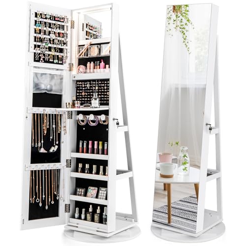 HAPPYGRILL 360° Jewelry Armoire w/Full Length Mirror, Jewelry Storage Organizer w/3-Color LED lights, Storage Shelves, Inside Flip-Open Mirror, Standing Jewelry Cabinet for Women Grils(White)