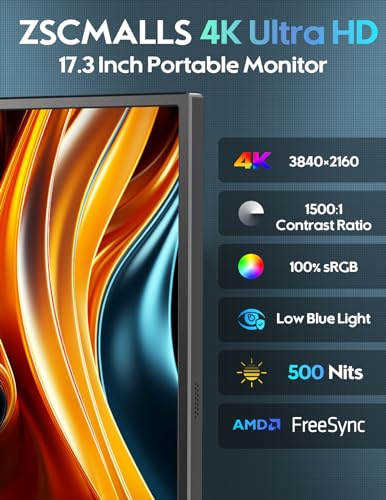 Image of ZSCMALLS 17.3'' 4K Portable Monitor for Laptop, 3840Px2160P IPS Large Screen with HDR, 1500:1 FreeSync, Ultra Slim & Eye Care,Travel Monitor External Screen for Laptop, PC, PS5, Mac, Xbox