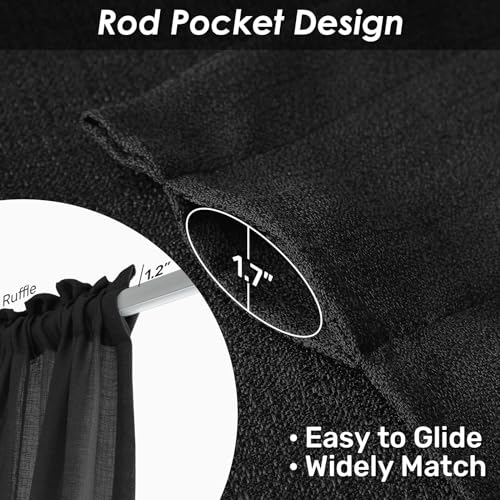 Image of Melodieux Black Semi Sheer Curtain Cloth for Hanging, Linen Look Bedroom Rod Pocket Voile Drapes, 52 by 63 Inch (2 Panels)