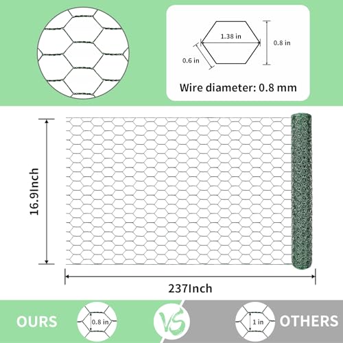 Image of Chicken Wire 16.9 in x 237 in Poultry Wire Netting Hexagonal Galvanized Mesh Garden Fence Barrier for Pet Rabbit Chicken Fencing with 100 Pcs Cable Zip Ties(PVC-Coated)