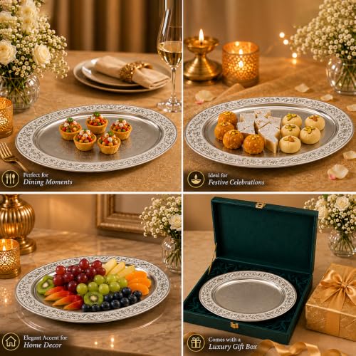 Image of Decorative Oval Metal Tray with Elegant Black Floral Engraved Border | Premium Silver Finish Display Tray for Home Decor, Coffee Table, Dining Table, Centerpiece, Console Table & Gift Item