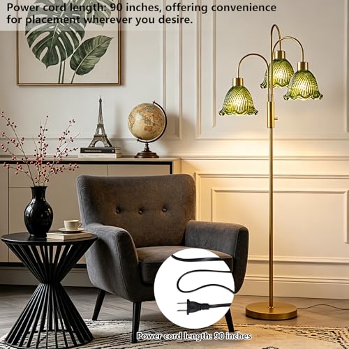 Image of Lightdot 3-Light Glass Floor Lamp for Living Room, 70 inch Gold Dimmable Standing Tall Lamp with Green Ribbed Glass Shades &3PCS 3000K Warm White Bulbs, Modern Tree Pole Lamp for Bedroom Home Decor
