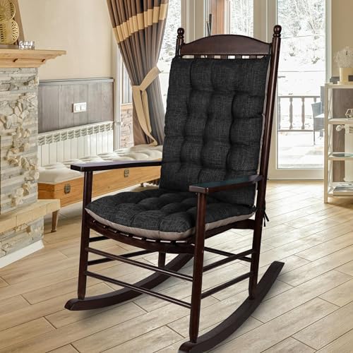 ELFJOY Extra Large Rocking Chair Cushion Non-Slip Linen Chair Pads Thick Back and Seat Cushion 2 Piece Set with Ties