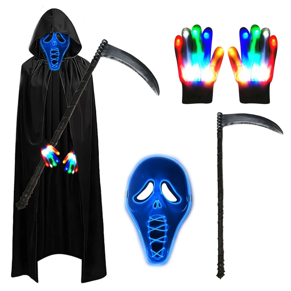 Shengou Disfraz de Muerte Adulto,Disfraz de Fantasma Halloween,Disfraz de Segador,Largo Capa con Capucha,con Máscara de Calavera, Guantes, guadaña,para Halloween Fiesta Carnival Costume Cosplay